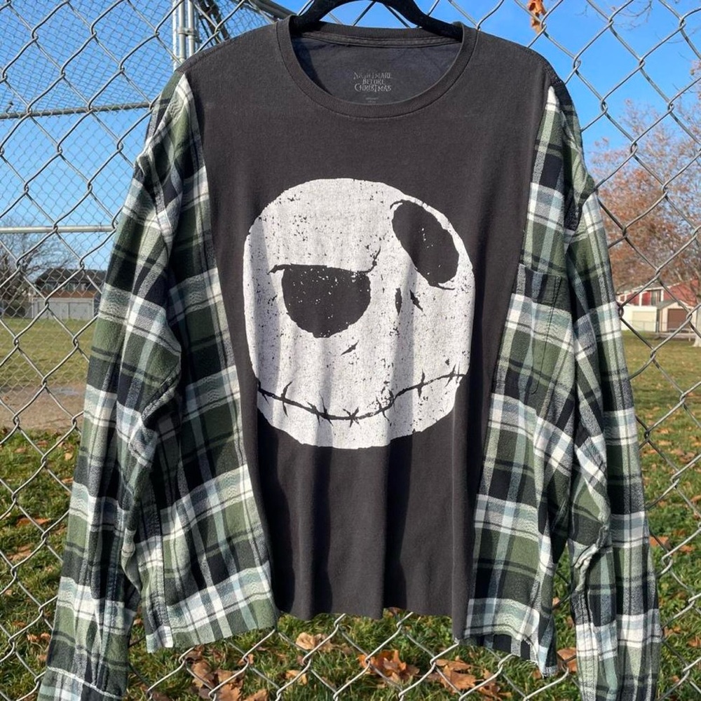 Nightmare Before Christmas Movie Tee with Green and Black Slouchy Flannel Shirt
